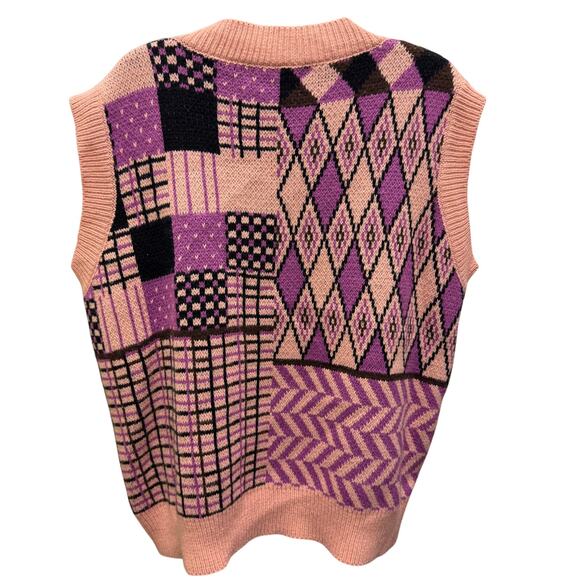 Kate Kasin Womens L Pink Plaid V Neck Sweater Vest Argyle Zig Zag Funky Purple - Picture 3 of 4